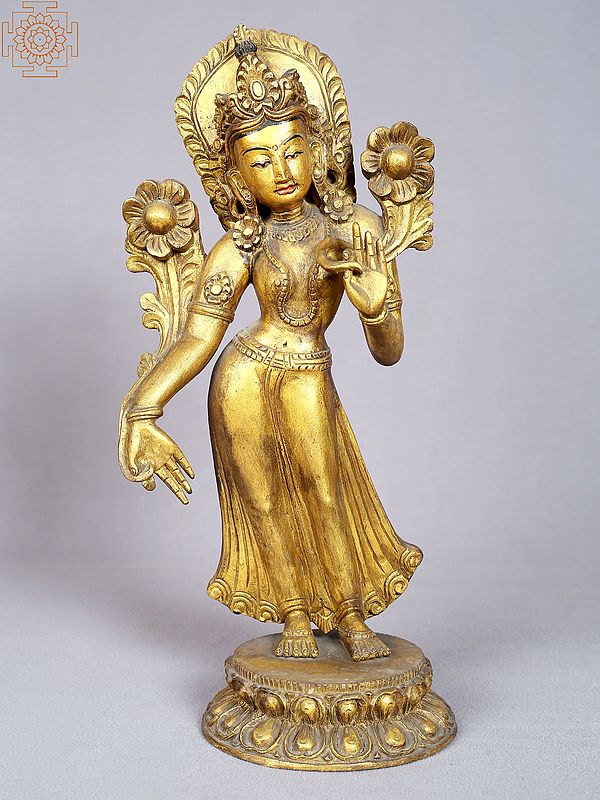 13" Golden Color Standing Goddess Green Tara from Nepal