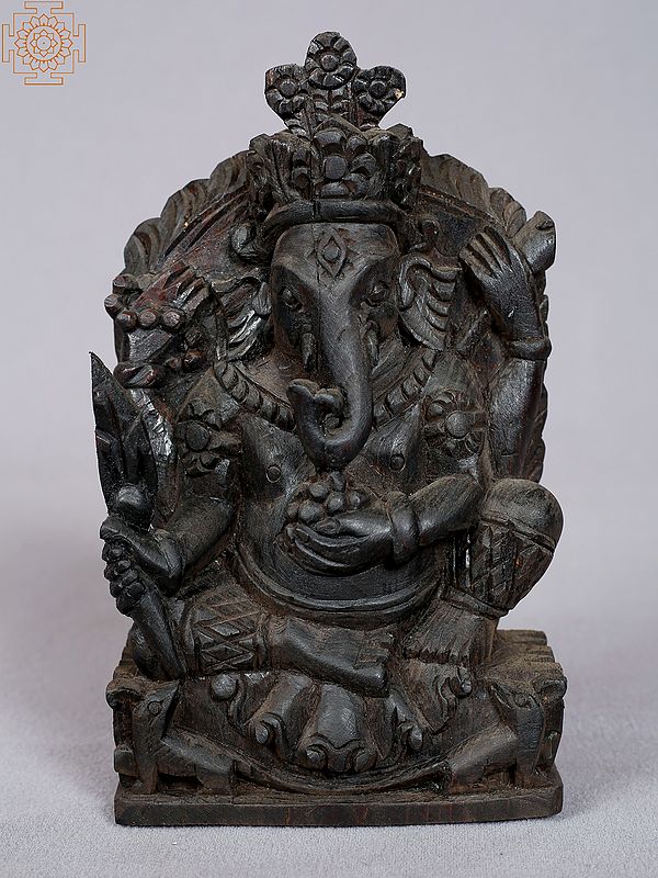 7" Sitting Lord Ganapati Wooden Statue from Nepal