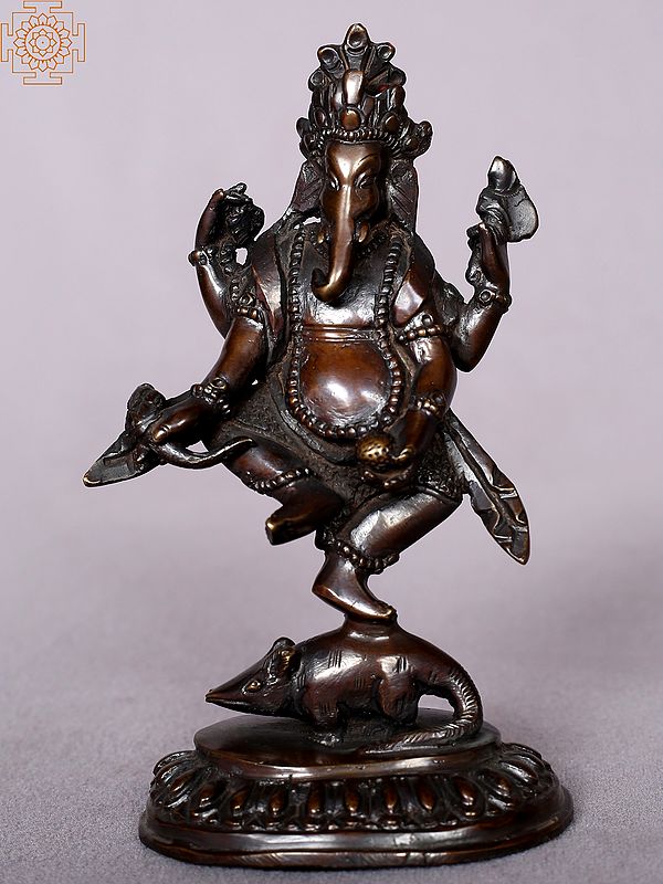 5" Lord Ganesha Dancing On Mushakraj From Nepal