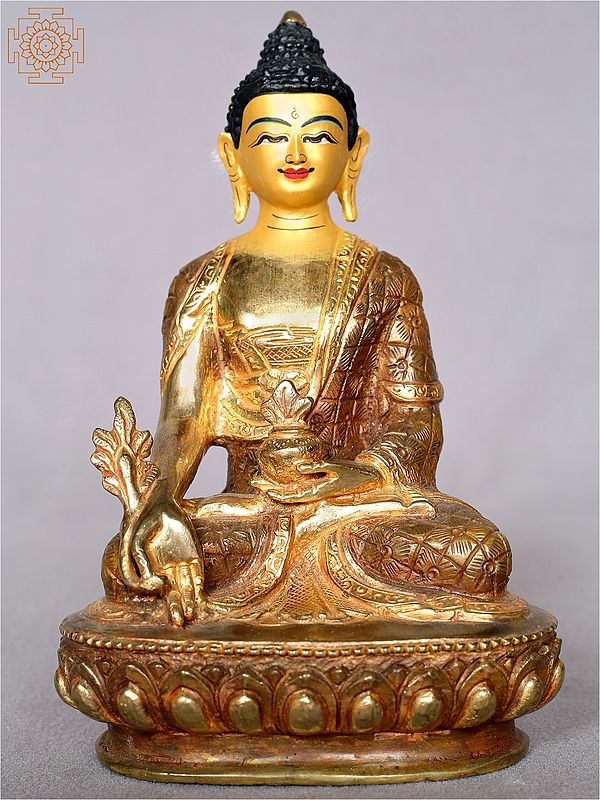 6" Tibetan Buddhist Deity Gold Medicine Buddha Seated on Pedestal