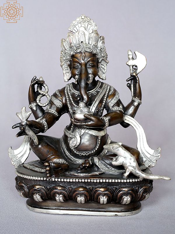 9" Four Armed Sitting Lord Ganesha with Rat from Nepal