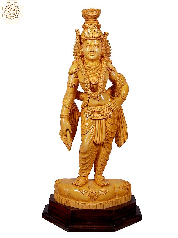 27" Lord Krishna Standing On Pedestal | Wooden Statue