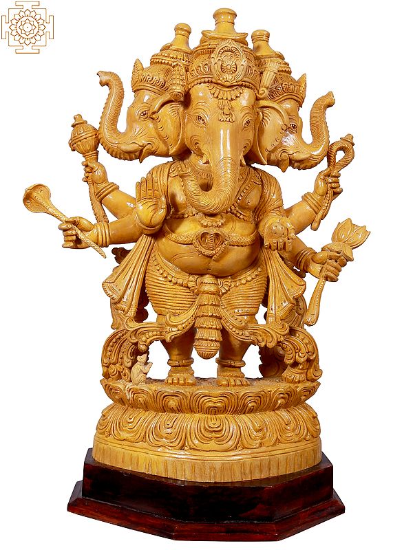 2" Small Decorated Three Head Ganpati Standing On Pedestal | Wooden Statue