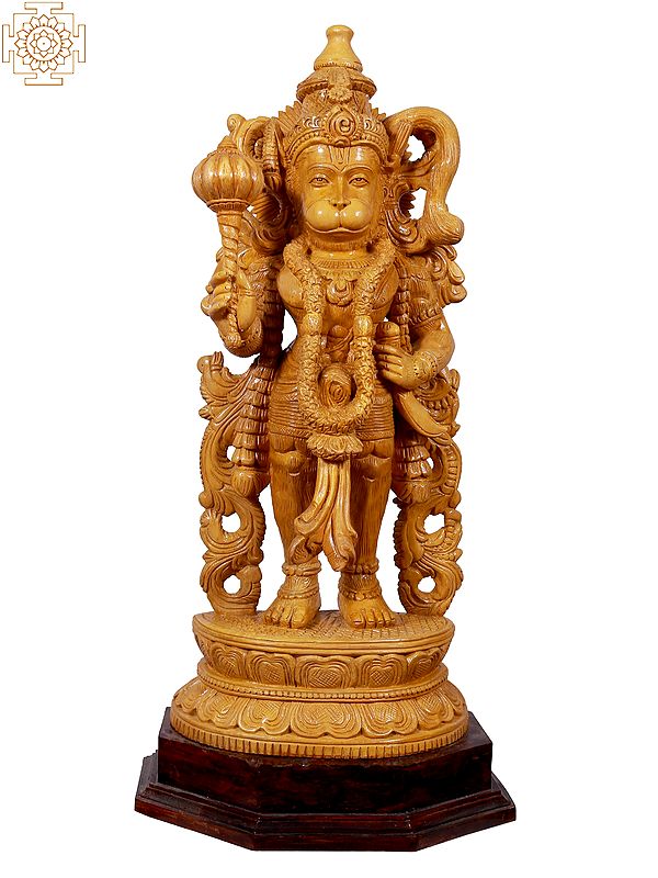 24" Lord Hanuman With Gada Standing On Pedestal | Wooden Statue