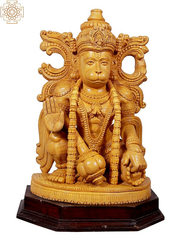20" Lord Hanuman With Gada Seated On Pdestal | Wooden Statue