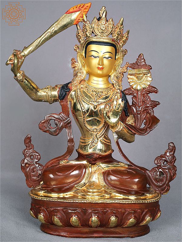 13'' Copper Deity Manjushri Idol with Sword | Nepalese Handicrafts