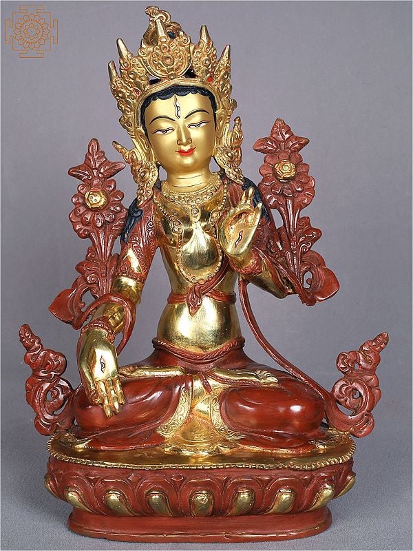 13" Goddess White Tara Idol Seated on Pedestal | Copper Statue from Nepal