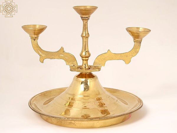6" Brass Three Wicks Lamp | Puja Diya