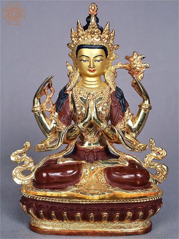 9" Tibetan Buddhist Deity Chenerzig Idol | Nepalese Gilded Copper Statue