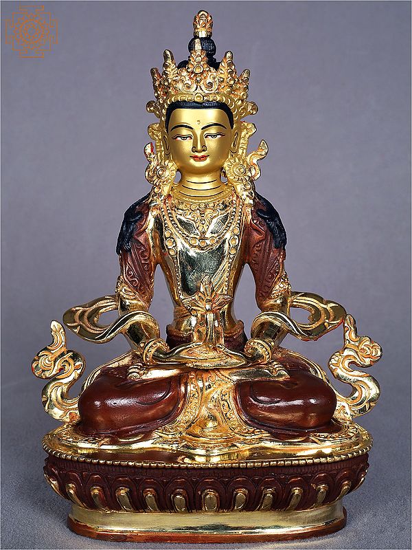 9" Tibetan Buddhist Deity Aparamita Seated on Pedestal | Copper Statue from Nepal