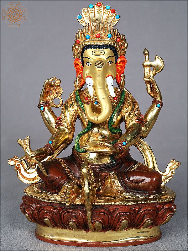 8" Decorated Lord Ganesha Seated On Pedestal From Nepal