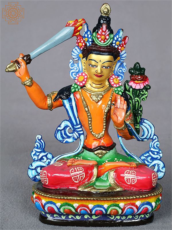 5" Colorful Manjushri Idol from Nepal | Nepalese Gilded Copper Statue