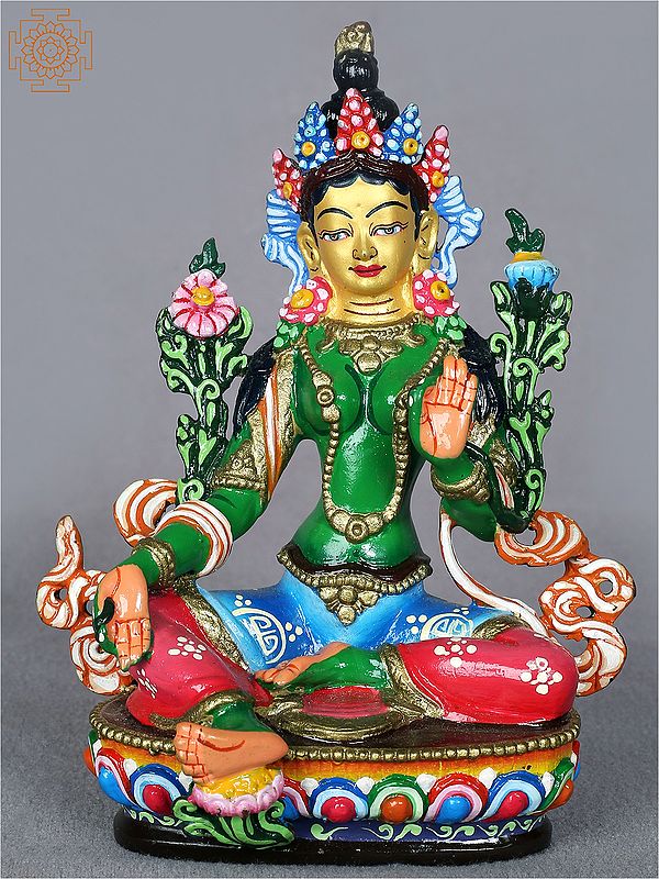 5" Colorful Buddhist Goddess Green Tara Idol from Nepal | Copper Gilded with Gold