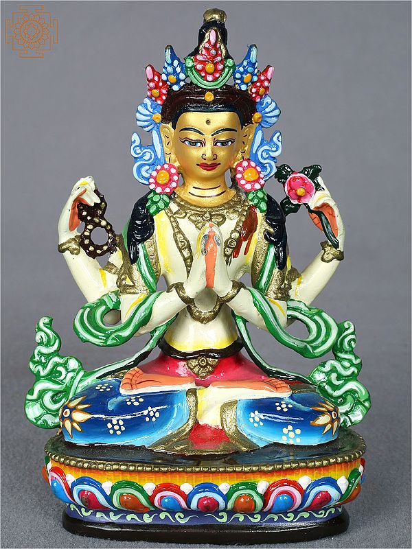 5" Colorful Chenrezig (Avalokiteshvara) Copper Idol from Nepal