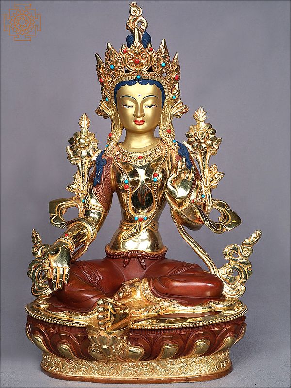 15" Buddhist Goddess Green Tara Idol | Gilded Copper Statue from Nepal
