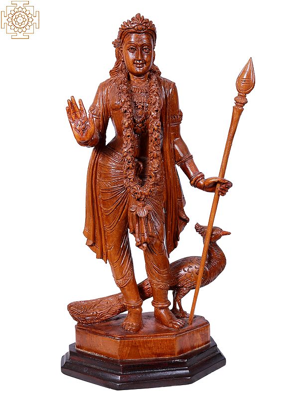 16" Lord Kartikeya Standing With Peacock | Carving Handmade Statue