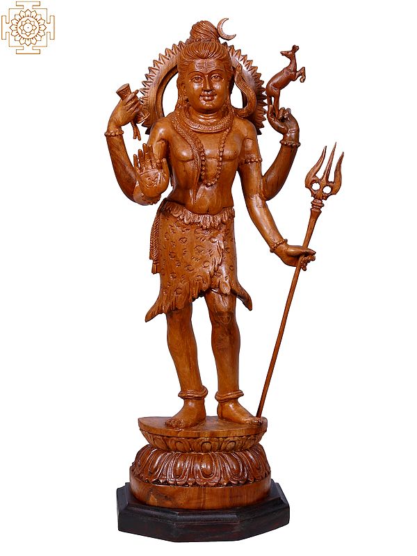 23" Lord Shiva Teakwood Idol with Trishul Standing on Pedestal | Carving Handmade Statue