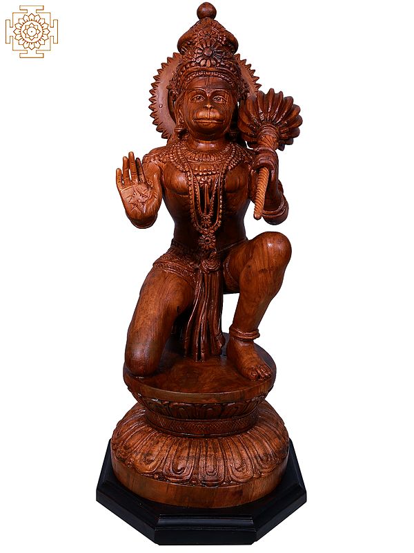 21" Lord Hanuman With Gada On Pedestal | Wooden Statue