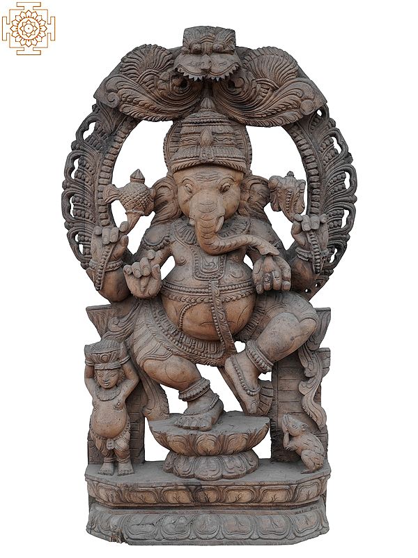 36" Large Lord Dancing Ganesh with Mooshak | Wooden Statue