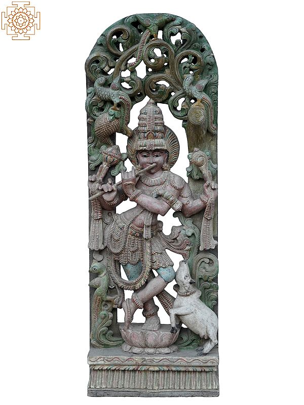36" Large God Krishna Playing Flute With Cow | Wooden Statue