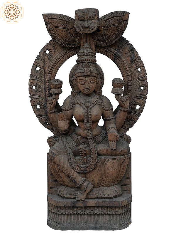 36" Large Goddess Lakshmi Seated On Throne | Wooden Statue