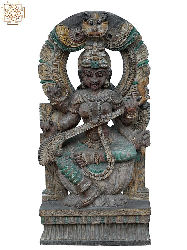 30" Large Goddess Saraswati Playing Sitar Seated On lotus | Wooden Statue