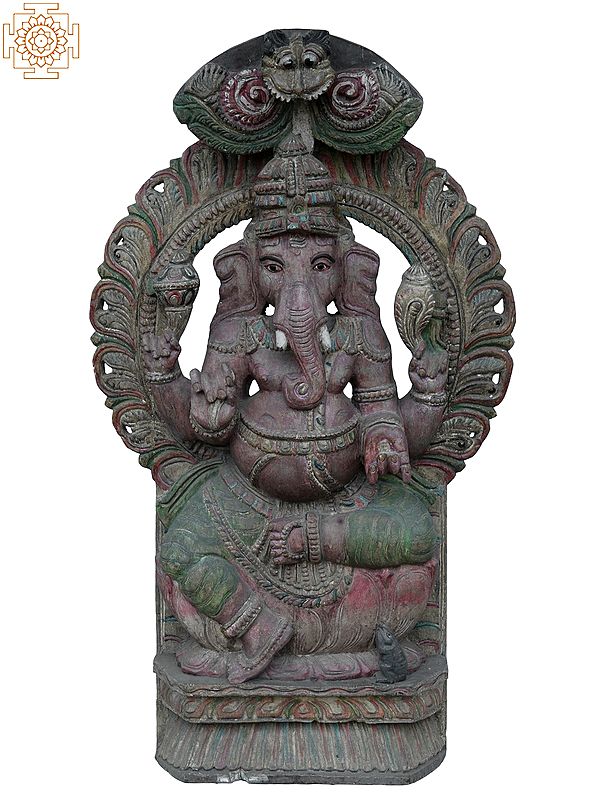 36" Large God Ganesh Seated On Thorne | Wooden Statue