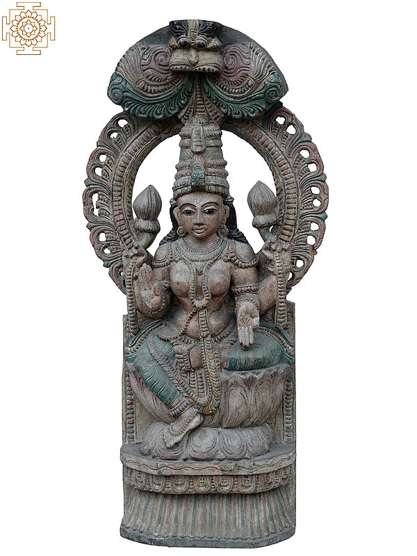 35" Large Goddess Lakshmi Seated On Lotus Thrine | Wooden Statue