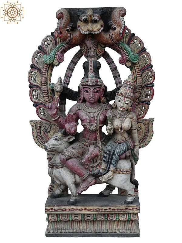35" Large God Shiva Parvati (Rishabarudar) Seated On Nandi | Wooden Statue