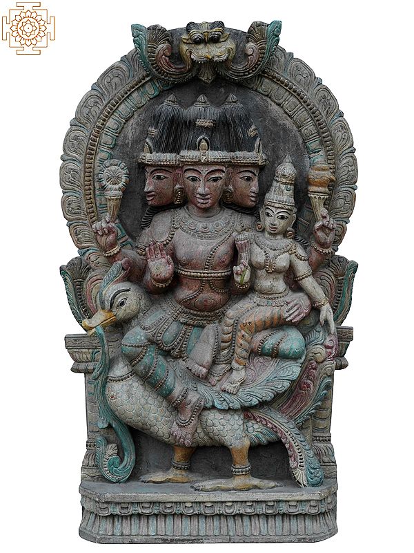 35"" Large Wooden Idol of Lord Brahma with Goddess Saraswati Seated on Swan Throne