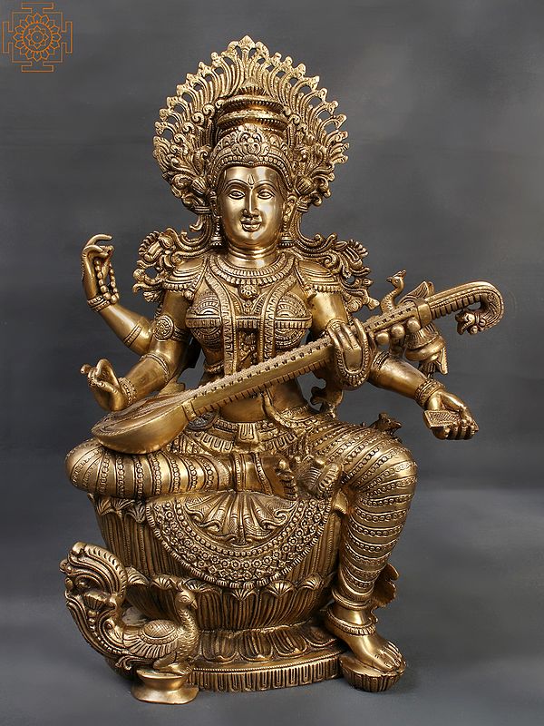 25" Sitting Devi Saraswati Brass Statue