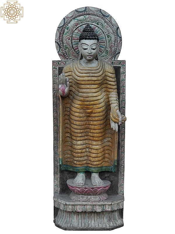 36" Large Lord Buddha Standing On Throne | Wooden Statue