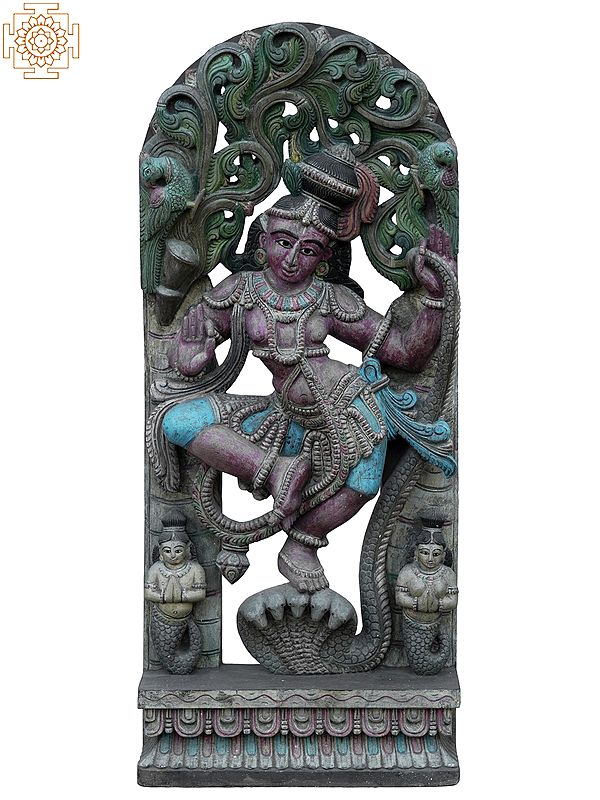 35" large God Krishna Punishing Kaliya Naag | Wooden Statue