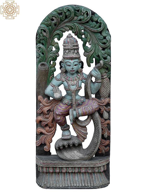 35" Large Lord Krishna Punishing Kaliya Naag | Wooden Statue