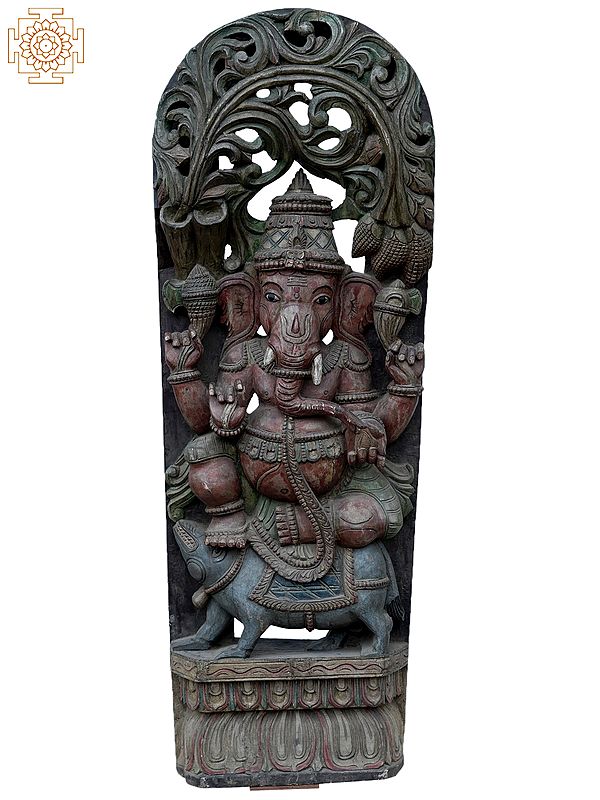 36" Large Lord Ganesh On Rat (Vahana) | Wooden Statue