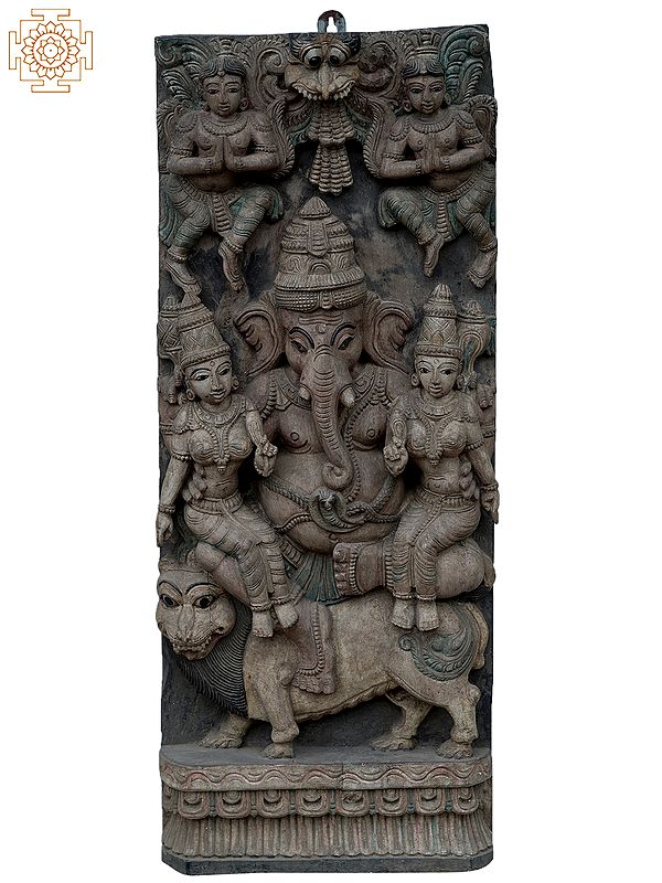 35" Large Lord Ganesha With Siddhi Buddhi On Lion | Wooden Statue