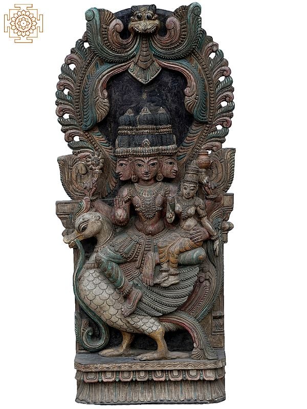 36" Large Lord Brahma And Saraswati Seated On Hamsa Vahana | Wooden Statue