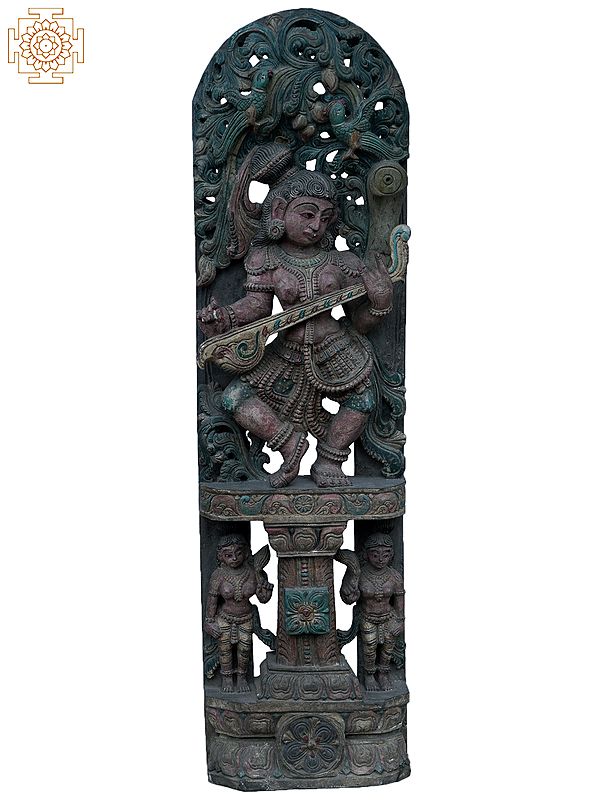 43" Large Dancing Saraswati Playing Sitar| Wooden Statue