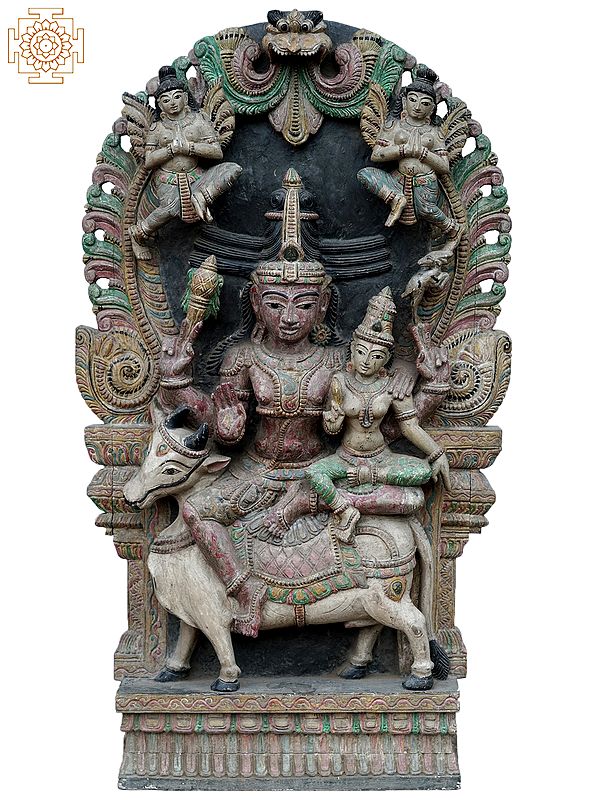 42" Large Lord Shiva Parvati Seated On Nandi (Rishabarudar) | Wooden Statue