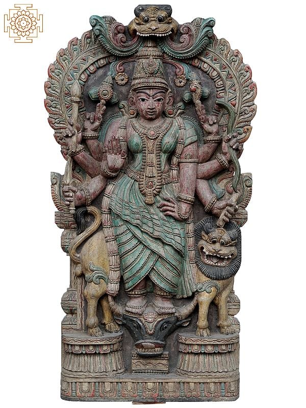 38" Large Goddess Durga Standing On Demon Face With Loin | Wooden Statue