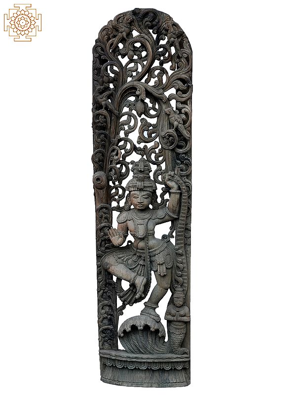 48" Large God Krishna Dancing On kaliya Naag | Wooden Statue