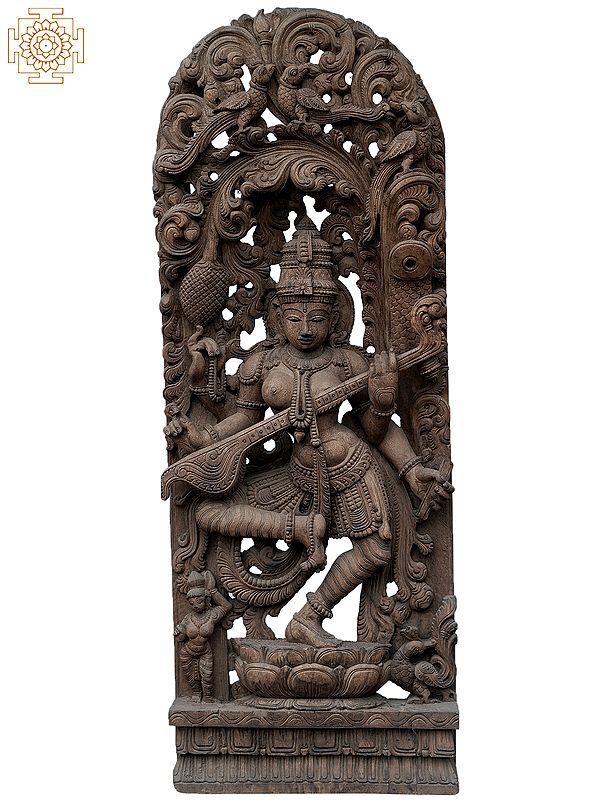47" Large Goddess Saraswati Playing Sitar | Wooden Statue