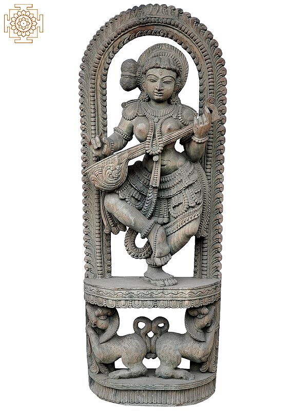 48" Large Apsara Dancing And Palying Music | Wooden Statue