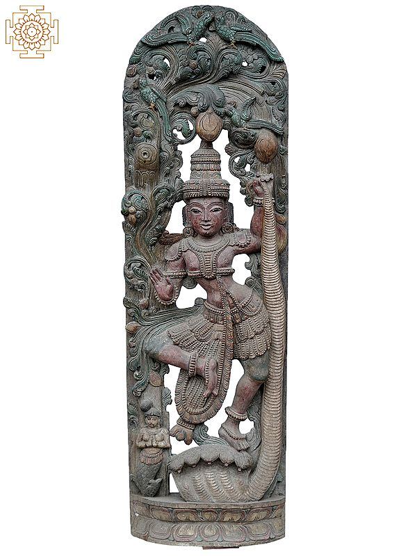 48" Large Lord Krishna Killing Kaliya Naag Wooden Statue