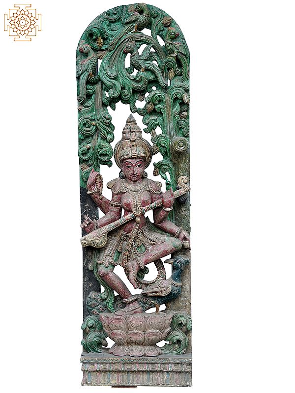 48" Large Goddess Saraswati Playing Sitar Wooden Statue