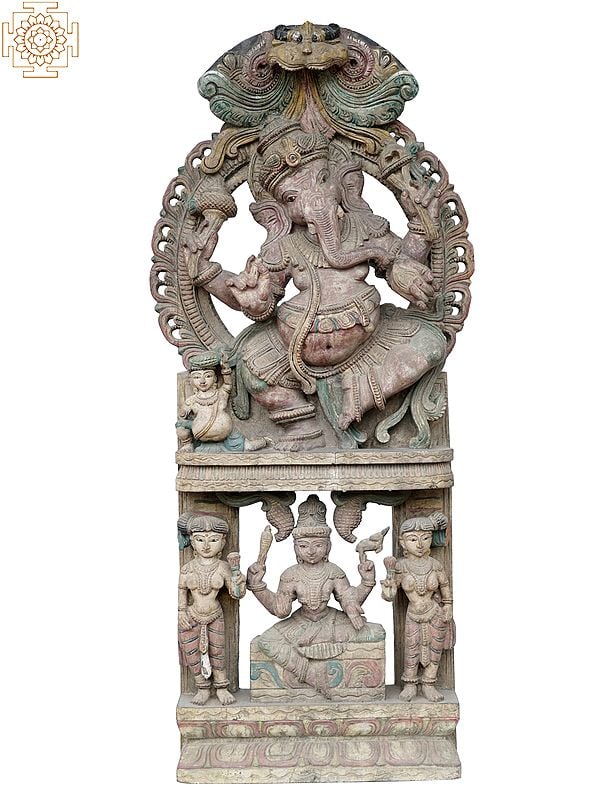 49" Large Dancing Ganesh With Lord Shiva at Bottom| Wooden Statue
