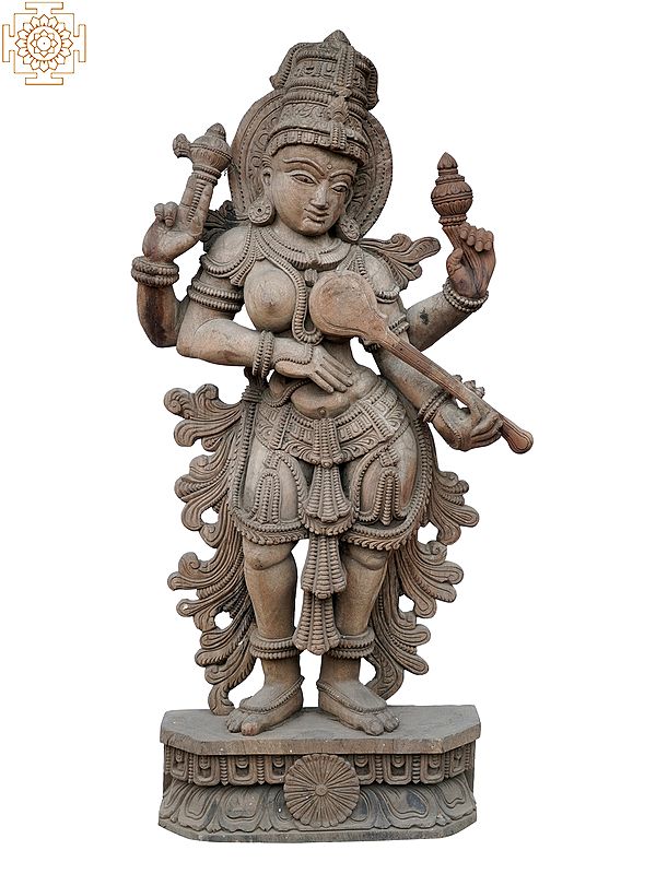 50" Large Wooden Statue of Goddess Saraswati Playing Sitar