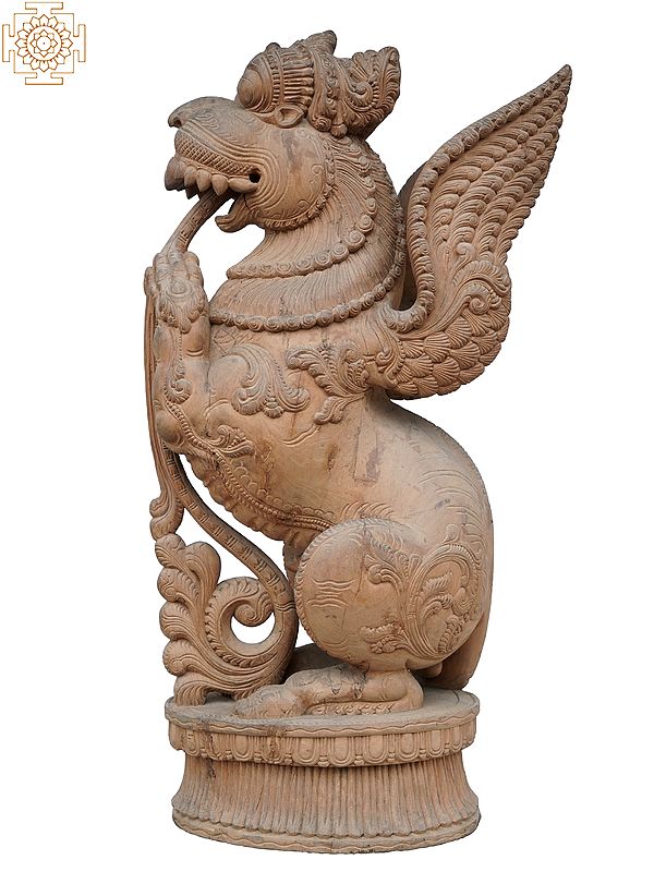 33" Large Yali Wooden Sculpture with Wings