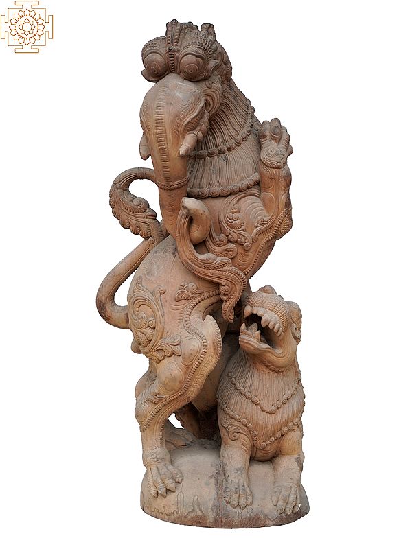 40" Large Yali with Lion Wooden Statue | Large Sized Garden Sculpture