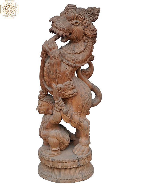 40" Large Yali With Veeran Wooden Statue